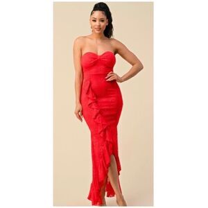 Lipstick Red Long Lace Formal Gown Strapless Flowy Maxi Dress
